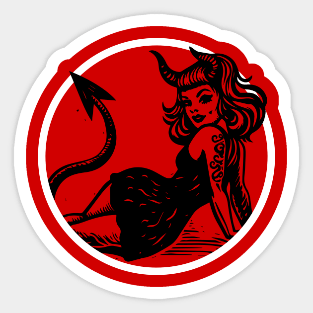 Devil Girl Linocut Sticker by n23tees
